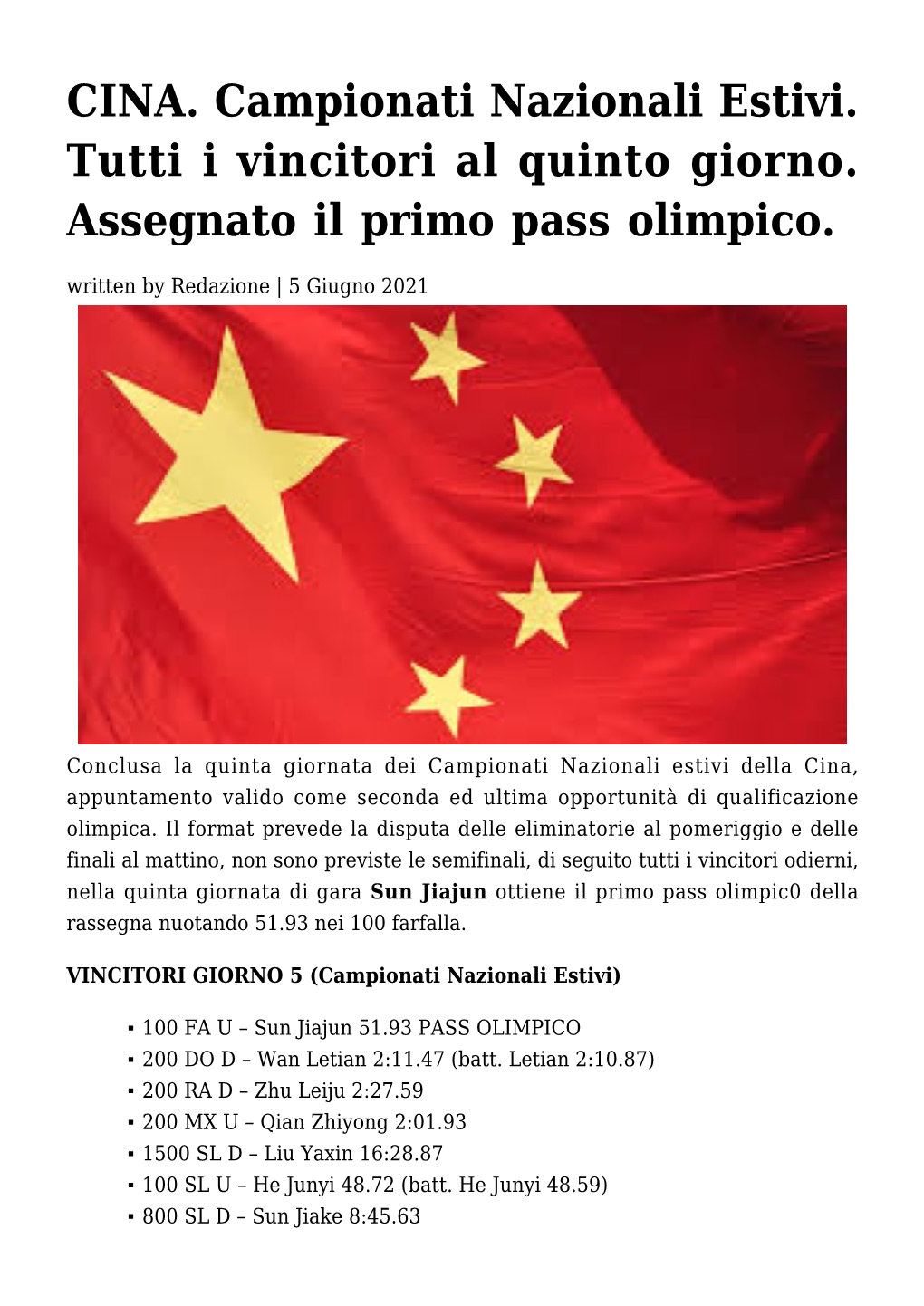 CINA. Campionati Nazionali Estivi. Tutti I Vincitori Al Quinto Giorno