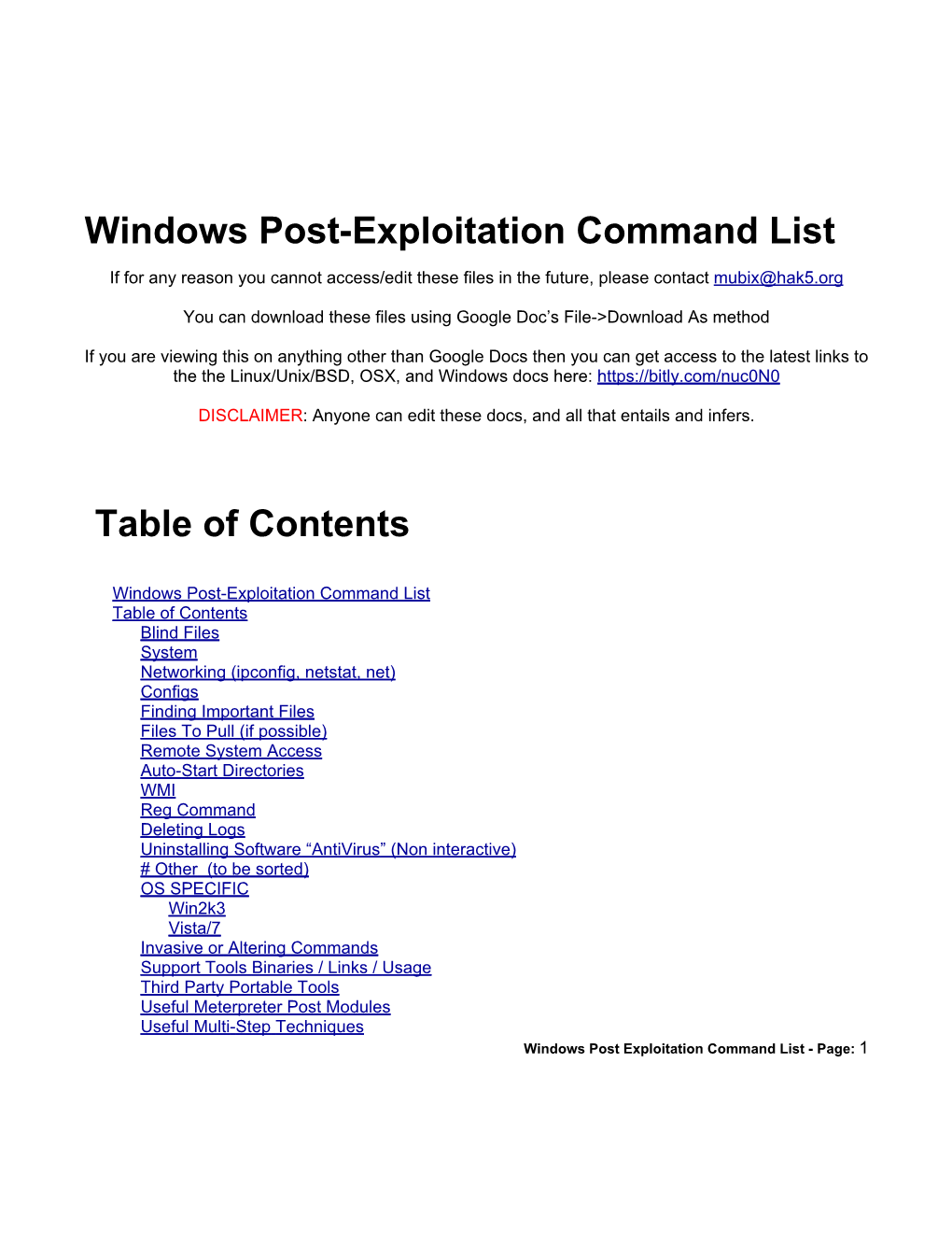 Windows Post-Exploitation Command List Table of Contents