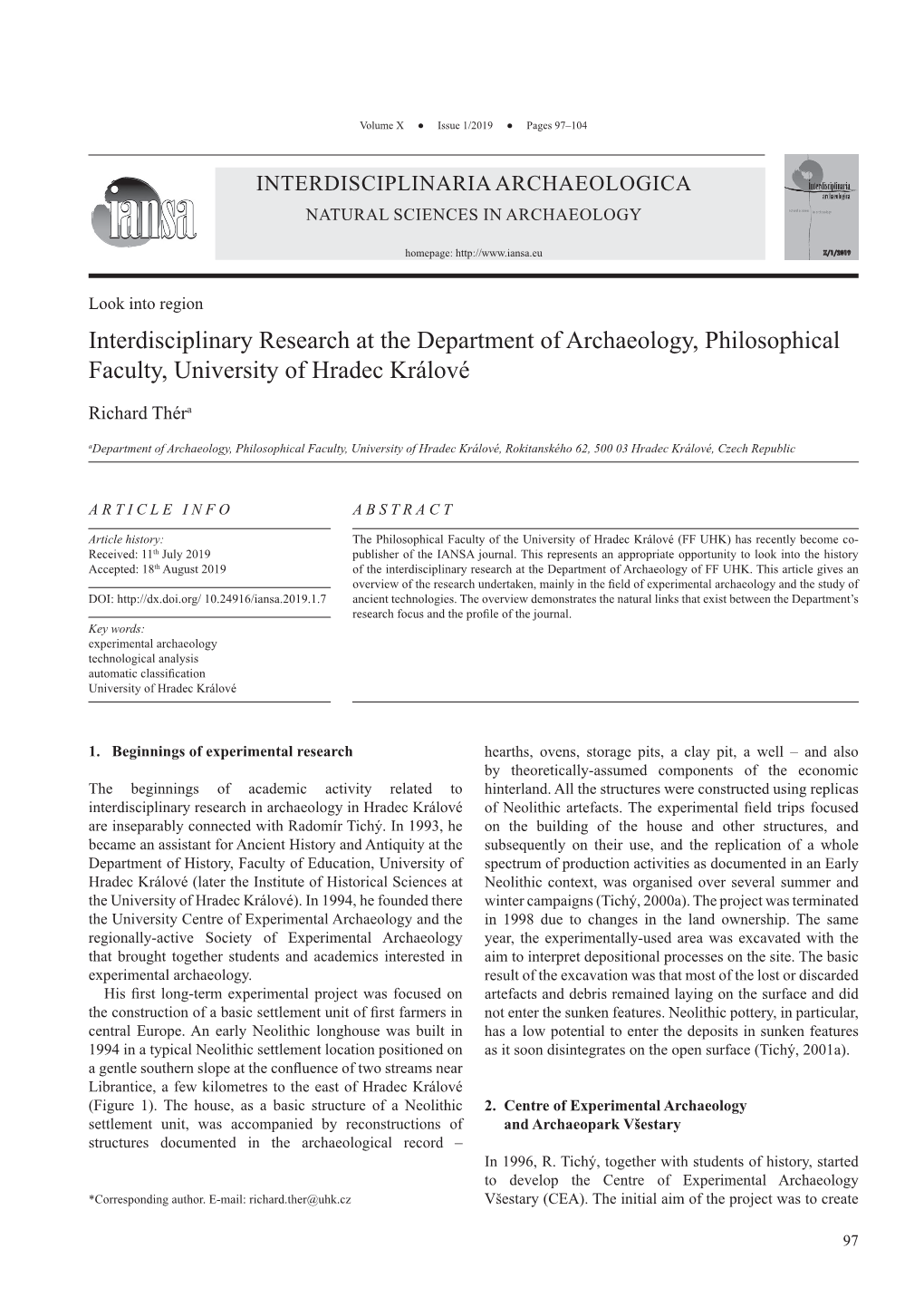 Interdisciplinary Research at the Department of Archaeology, Philosophical Faculty, University of Hradec Králové