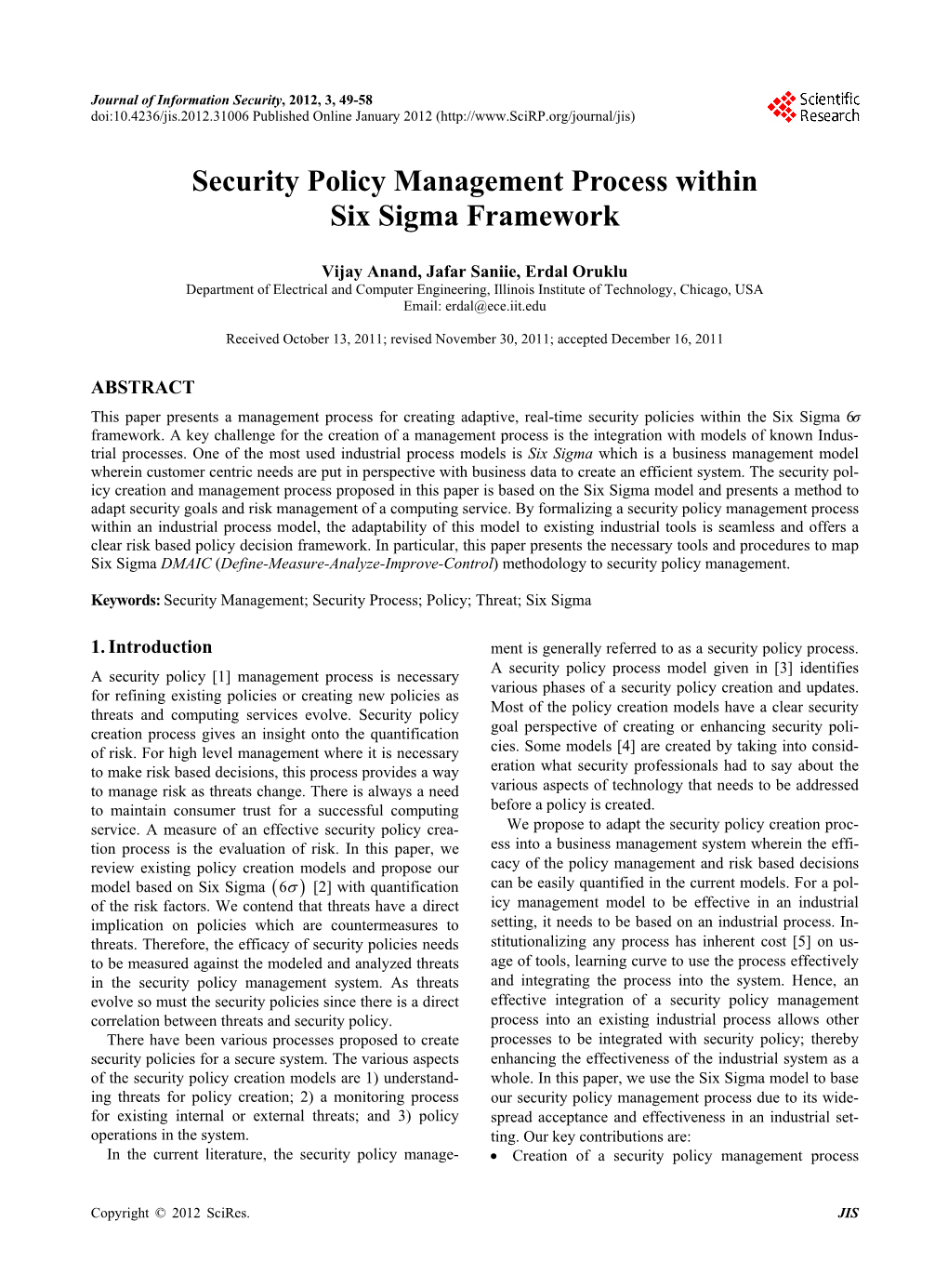 Security Policy Management Process Within Six Sigma Framework
