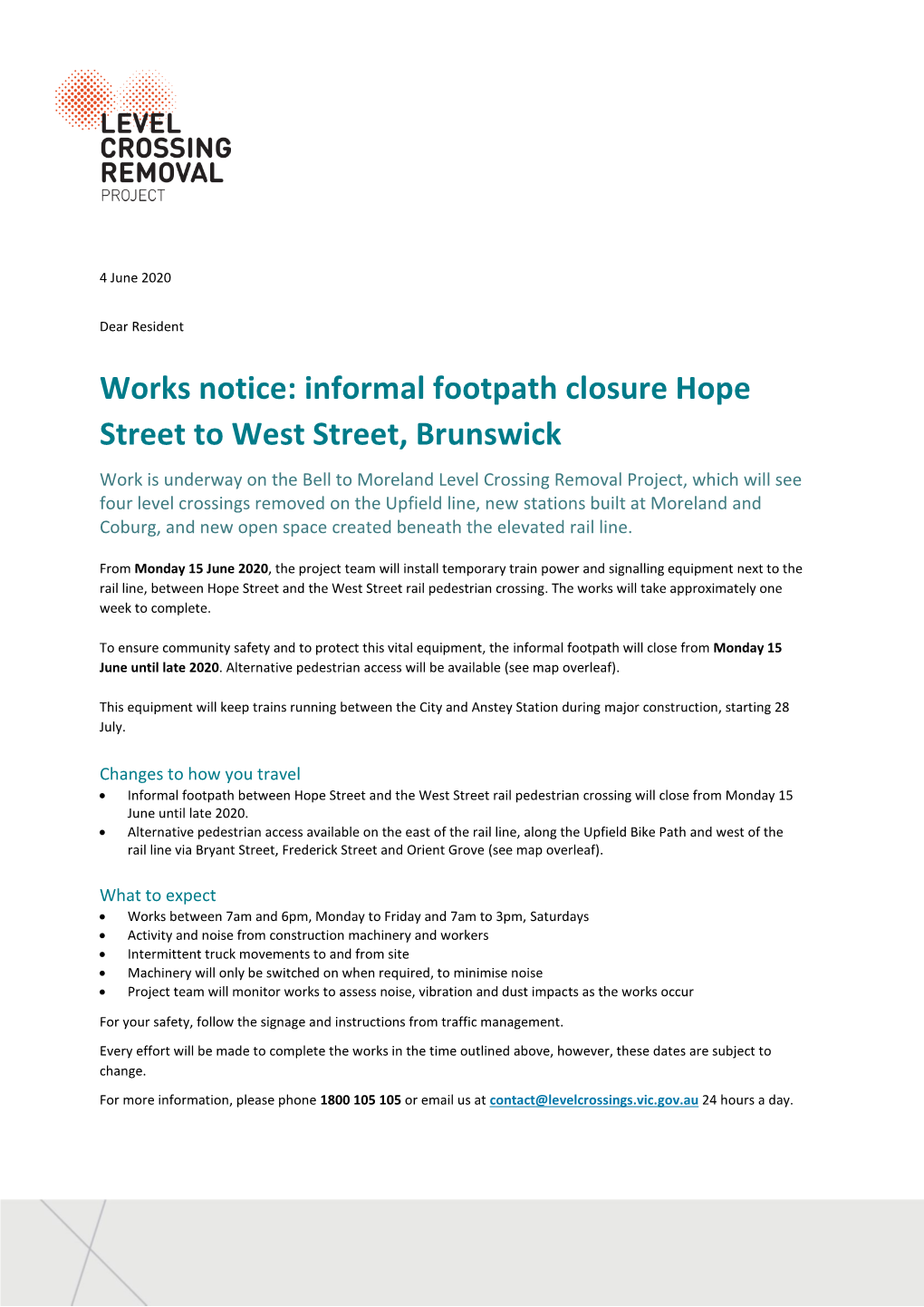 Works Notice: Informal Footpath Closure Hope Street to West Street