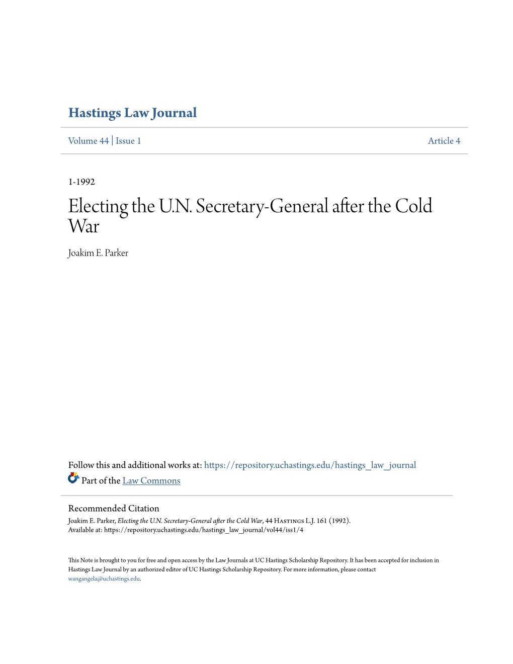 Electing the U.N. Secretary-General After the Cold War Joakim E