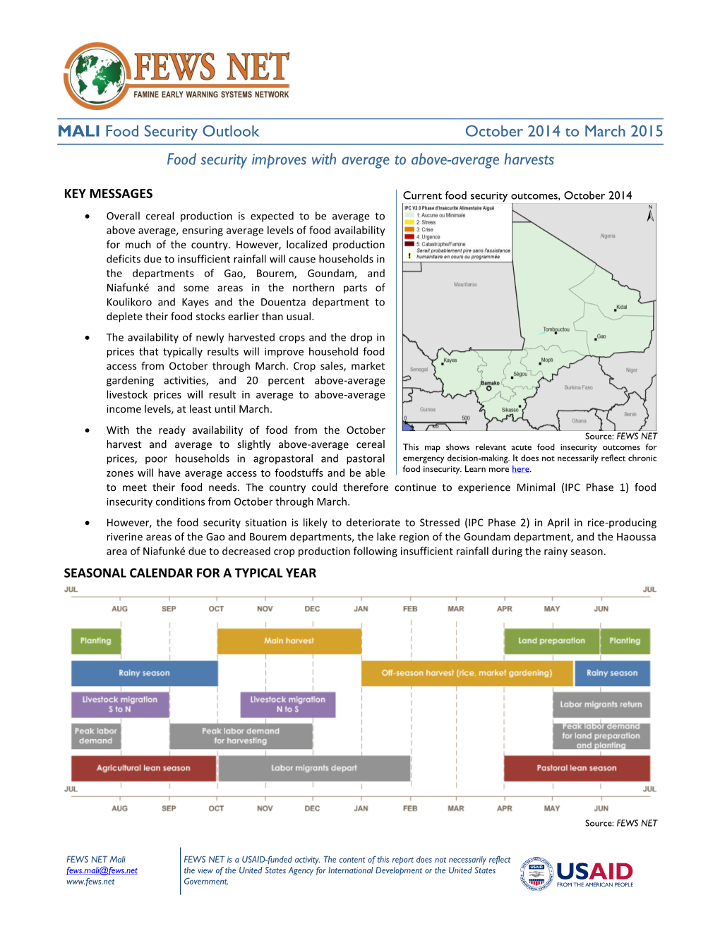 MALI Food Security Outlook October 2014 to March 2015