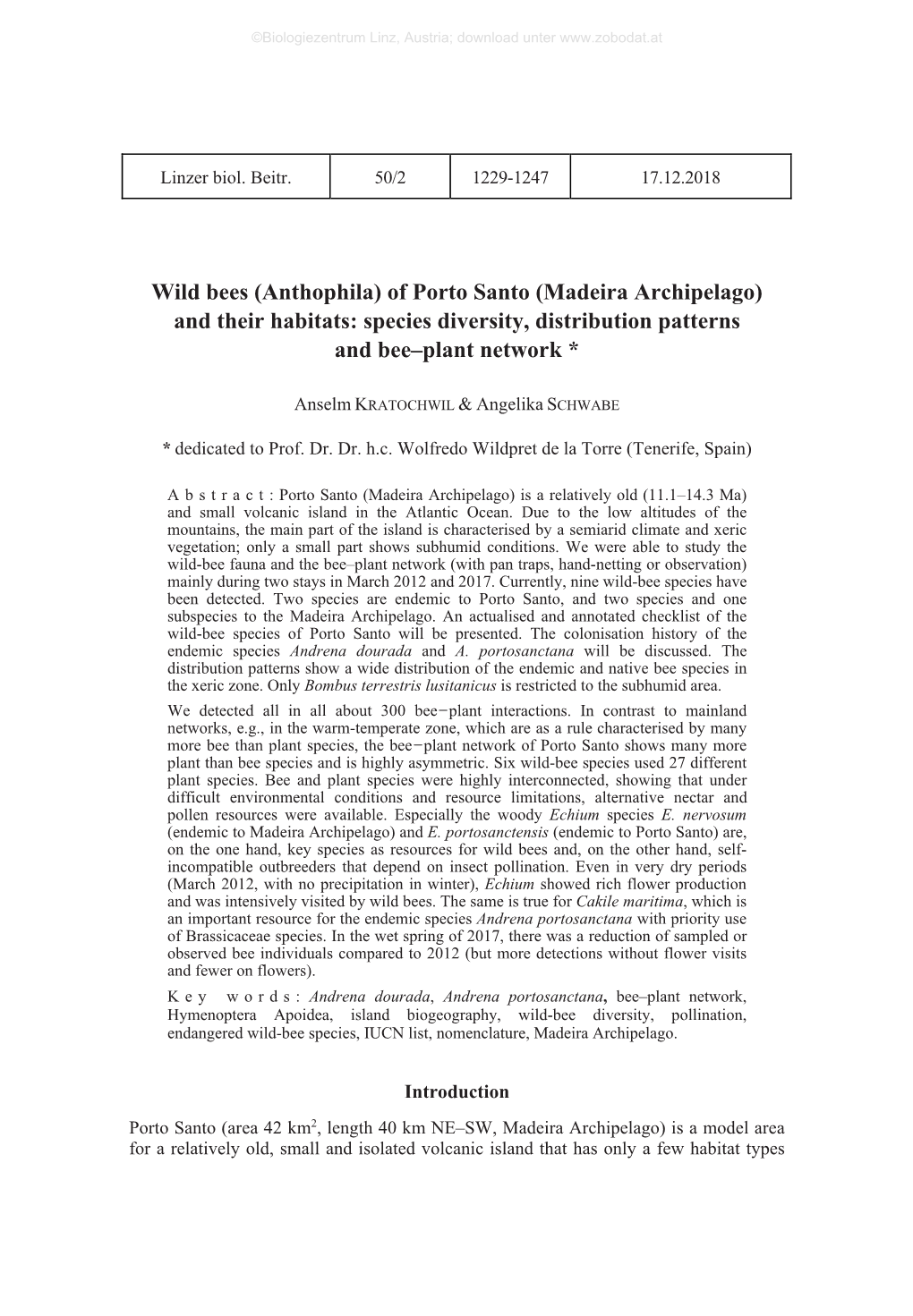 Wild Bees (Anthophila) of Porto Santo (Madeira Archipelago) and Their Habitats: Species Diversity, Distribution Patterns and Bee–Plant Network *