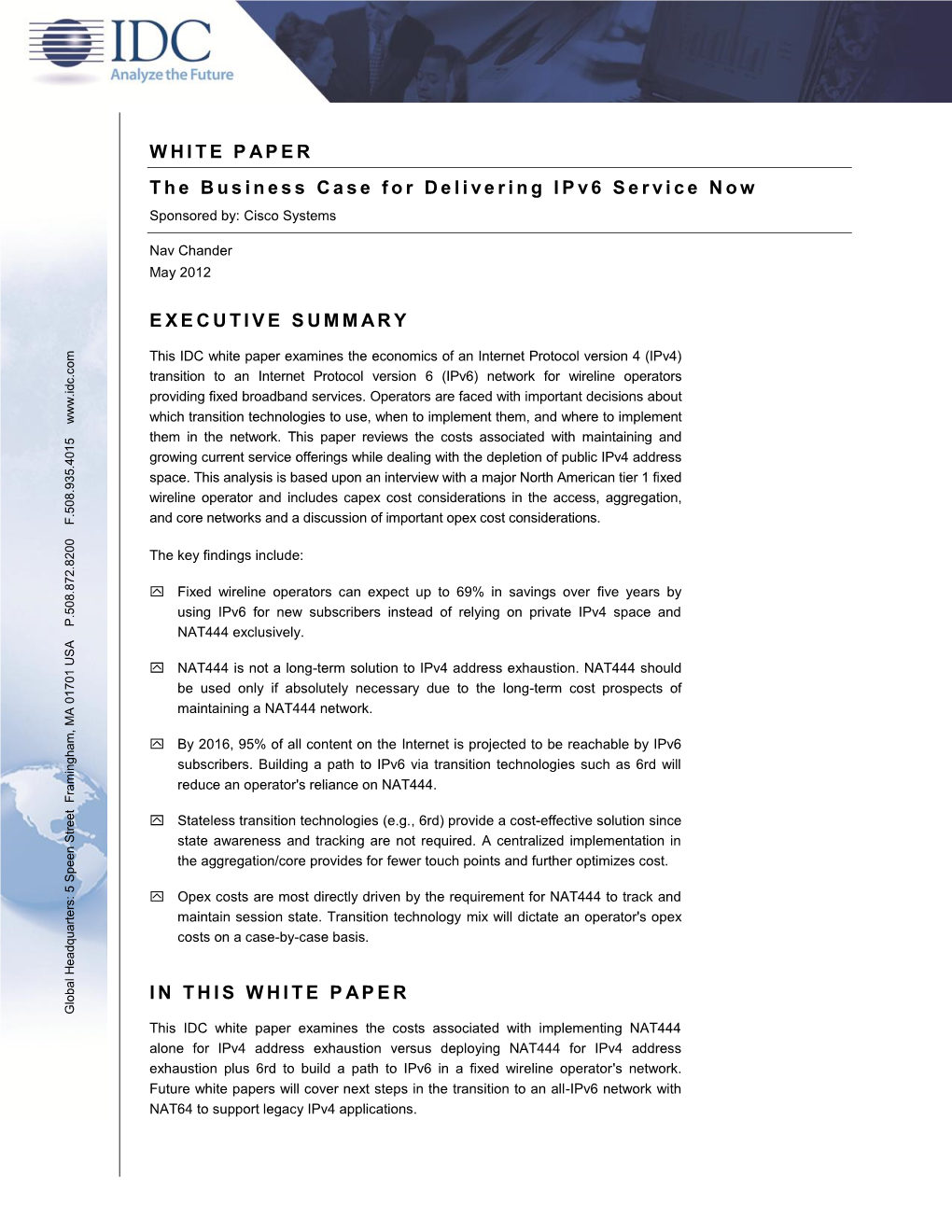 White Paper: the Business Case for Delivering Ipv6 Services Now, Cisco