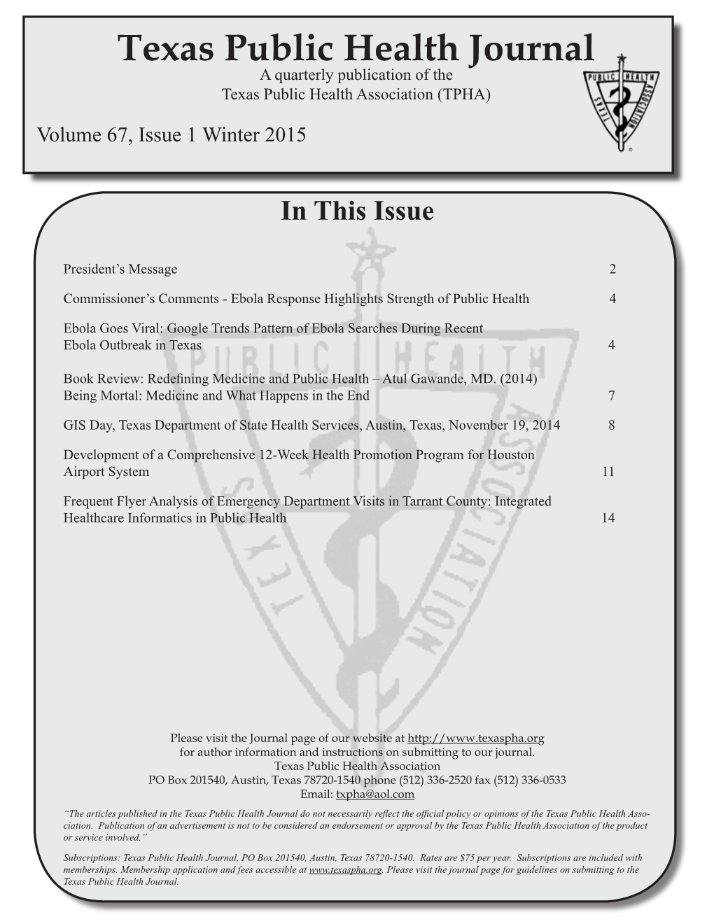 Texas Public Health Journal a Quarterly Publication of the Texas Public Health Association (TPHA)