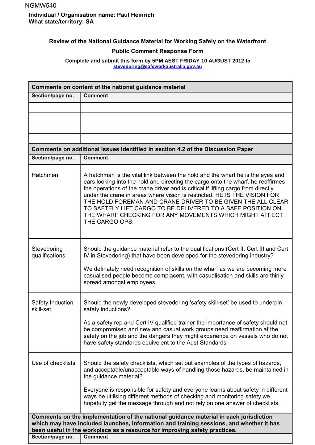 Individual / Organisation Name: Paul Heinrich