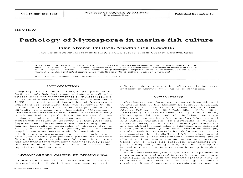 Pathology of Myxosporea in Marine Fish Culture