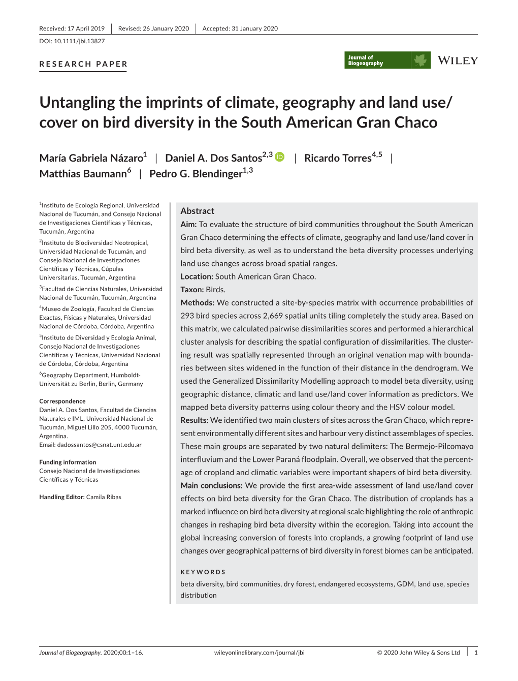 Untangling the Imprints of Climate, Geography and Land Use/ Cover on Bird Diversity in the South American Gran Chaco