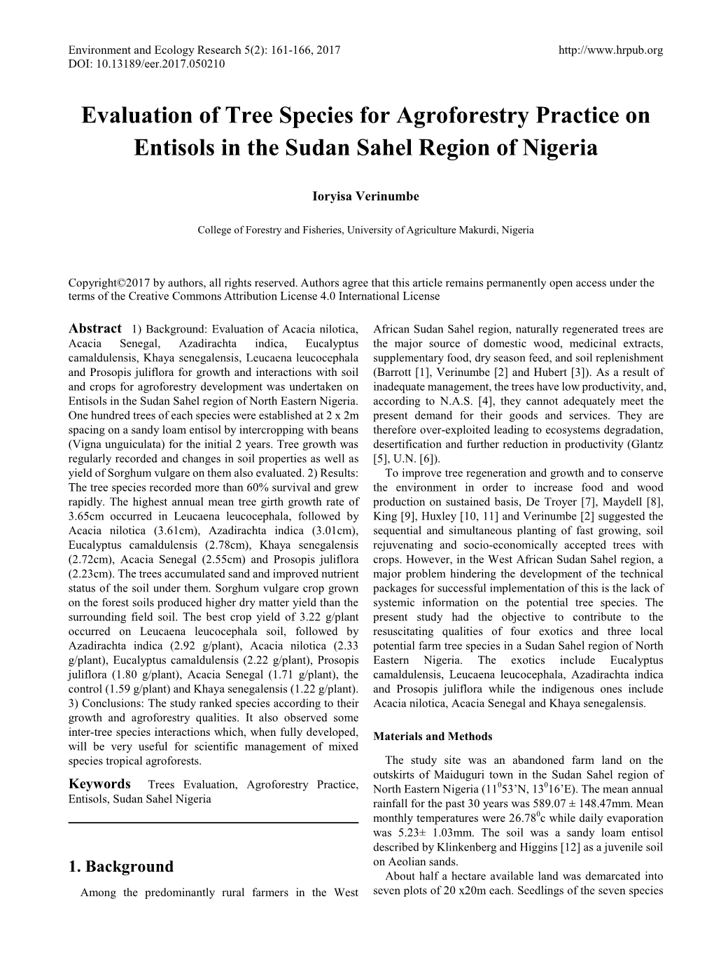 Evaluation of Tree Species for Agroforestry Practice on Entisols in the Sudan Sahel Region of Nigeria