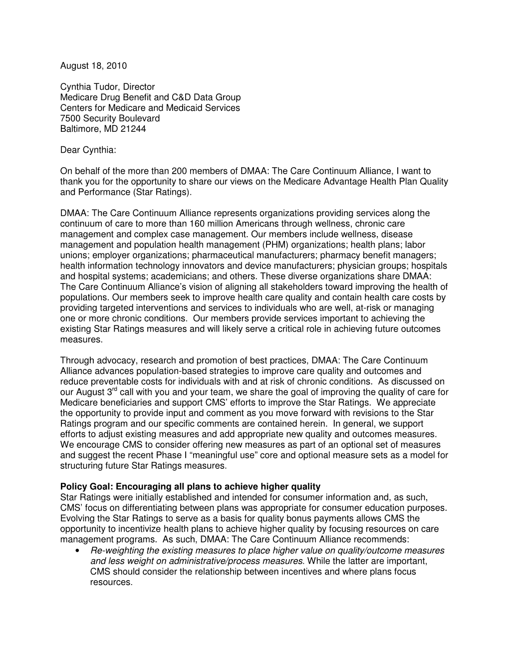 Letter on Medicare Advantage Star Ratings