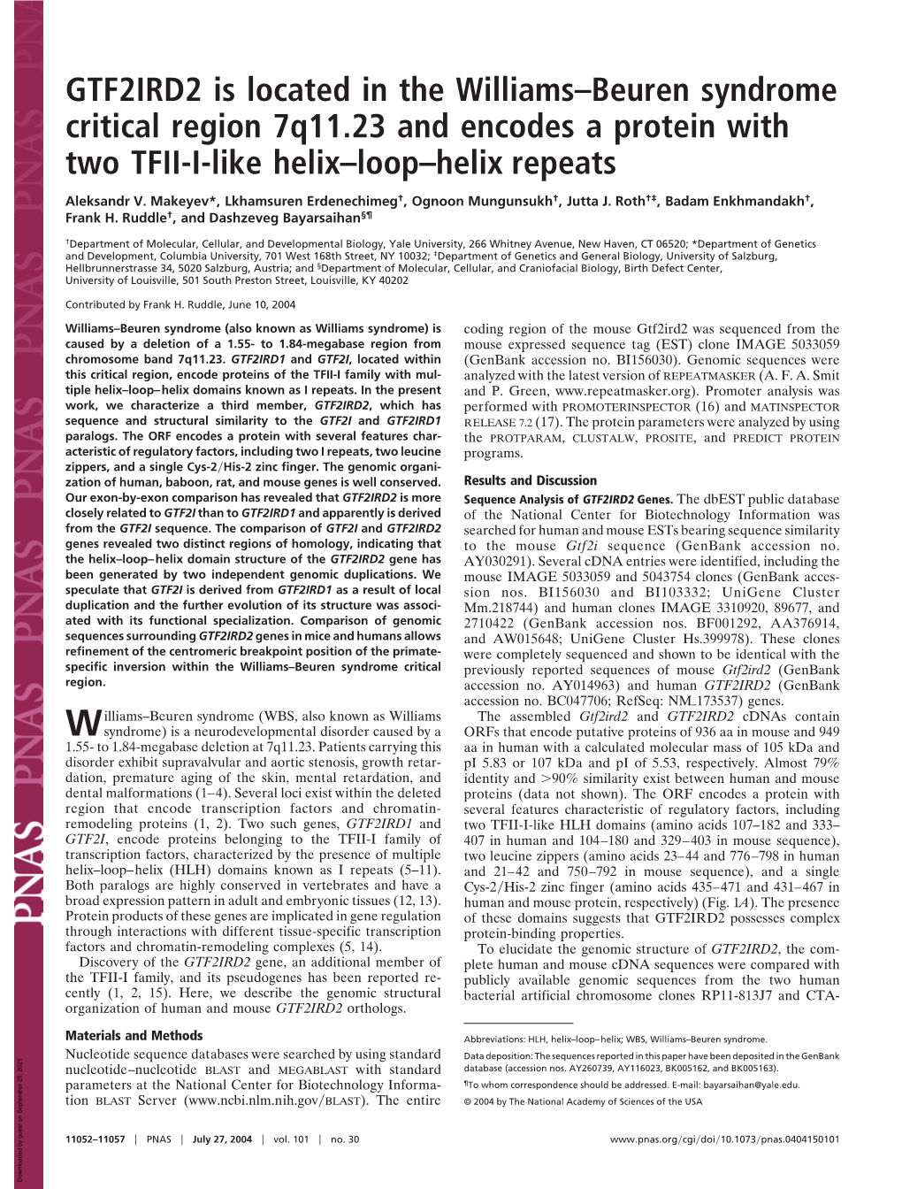 GTF2IRD2 Is Located in the Williams–Beuren Syndrome Critical Region 7Q11.23 and Encodes a Protein with Two TFII-I-Like Helix–Loop–Helix Repeats