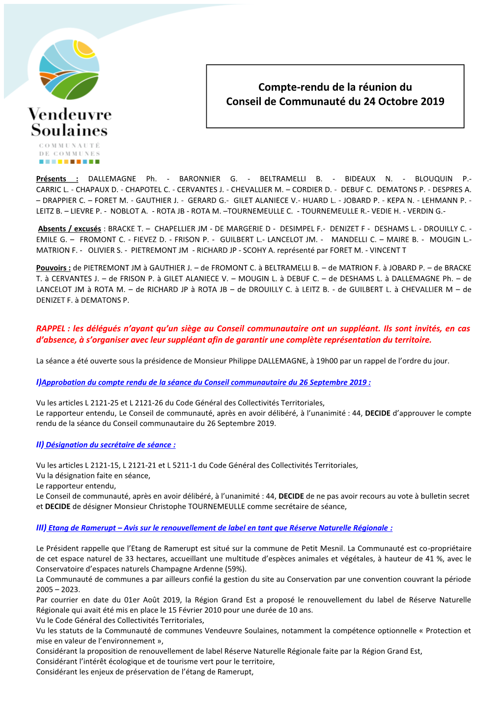 Compte-Rendu De La Réunion Du Conseil De Communauté Du 24 Octobre 2019