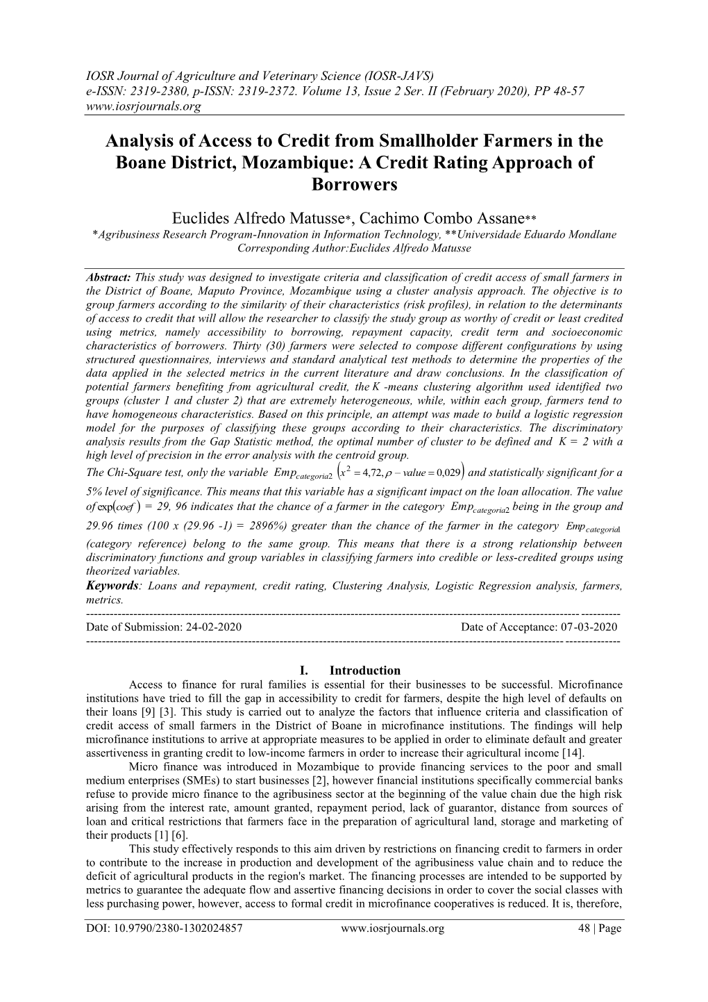 Analysis of Access to Credit from Smallholder Farmers in the Boane District, Mozambique: a Credit Rating Approach of Borrowers