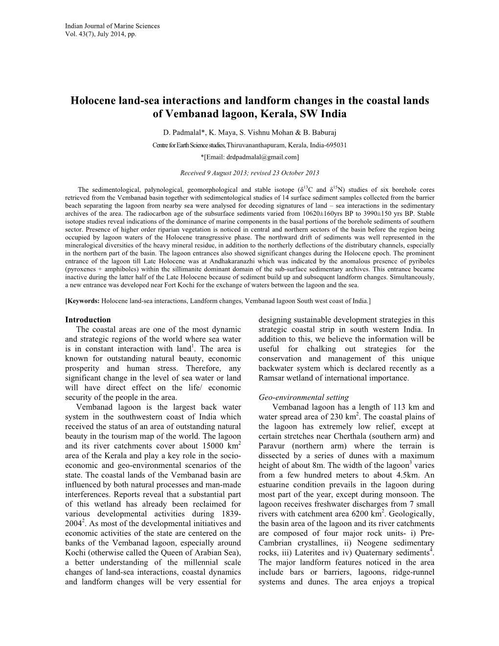 Holocene Land-Sea Interactions and Landform Changes in the Coastal Lands of Vembanad Lagoon, Kerala, SW India