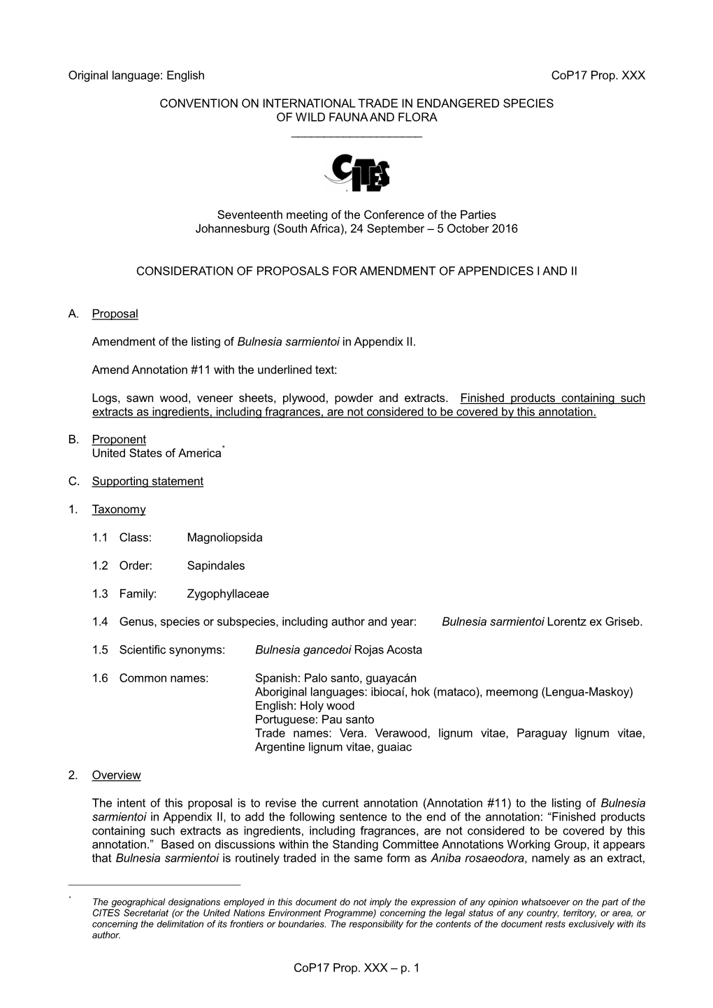 Proposal for Amendment of Appendix I Or II for CITES Cop16