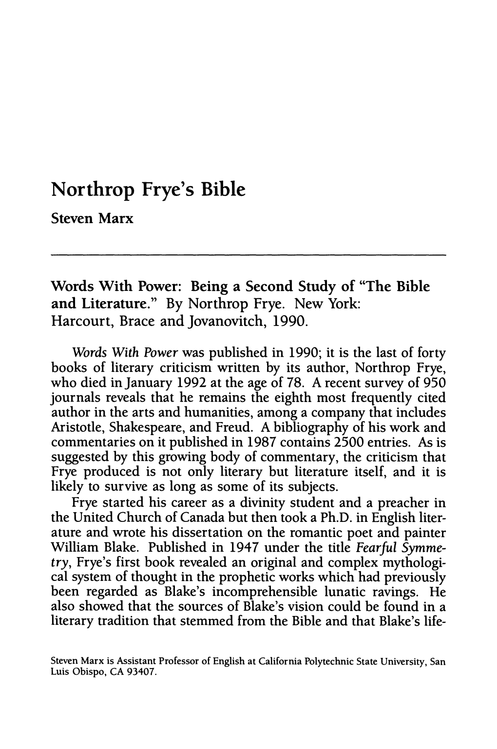 Northrop Frye's Bible Steven Marx