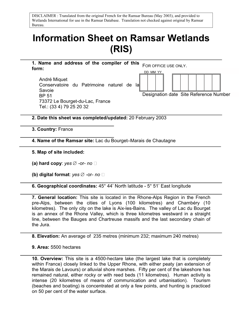 Information Sheet on Ramsar Wetlands (RIS)