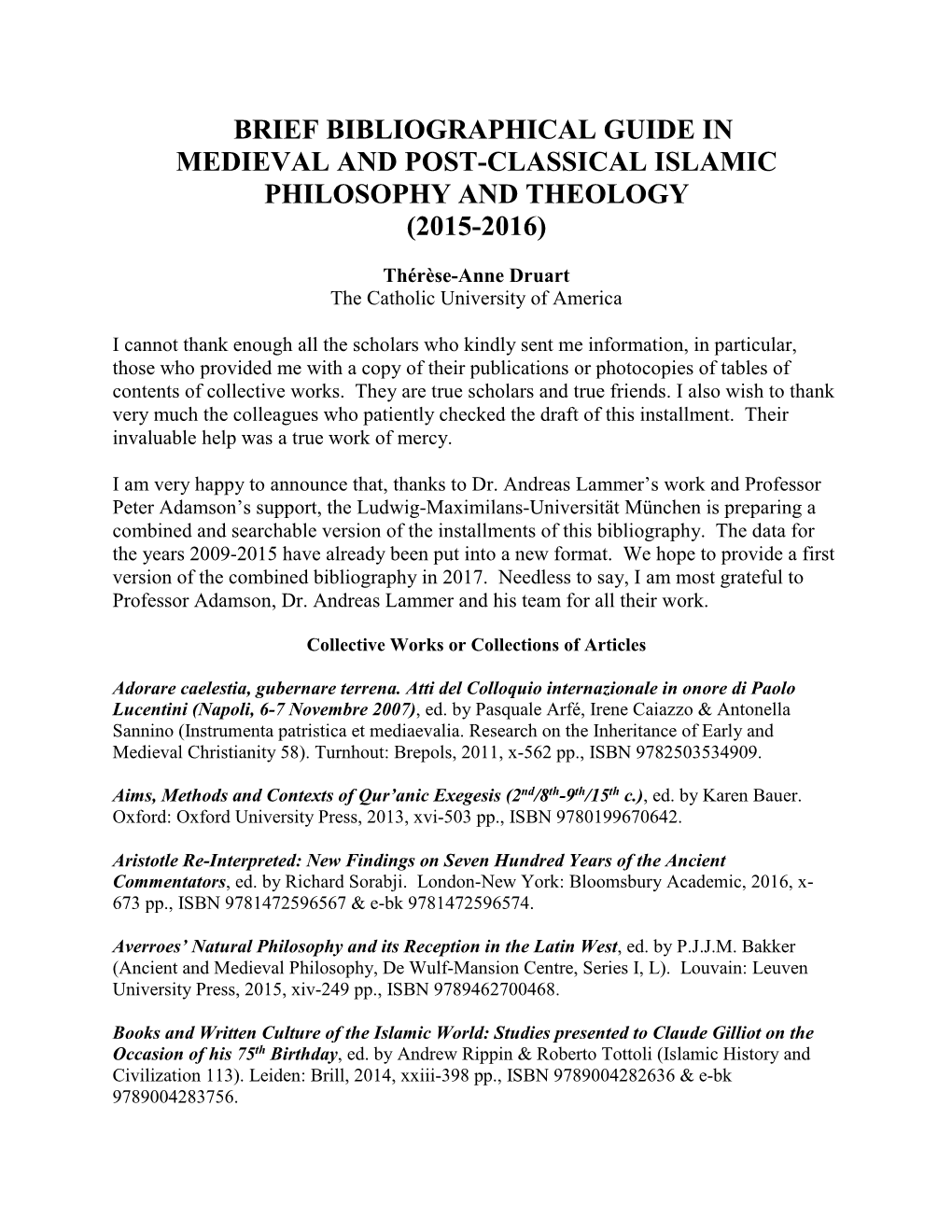 Brief Bibliographic Guide in Medieval Islamic Philosophy and Theology