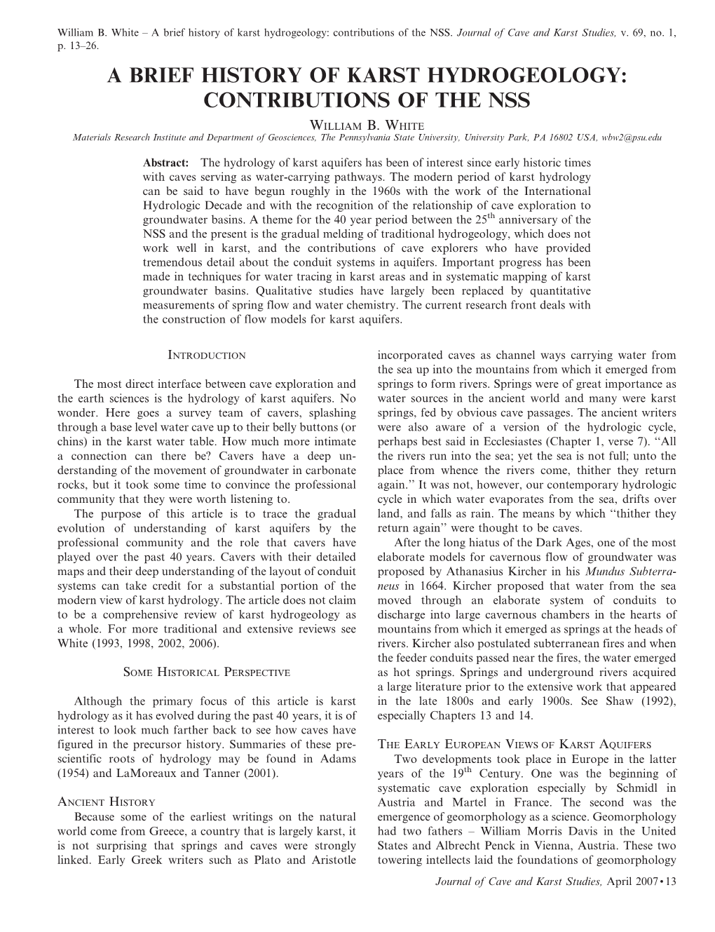 A Brief History of Karst Hydrogeology: Contributions of the NSS