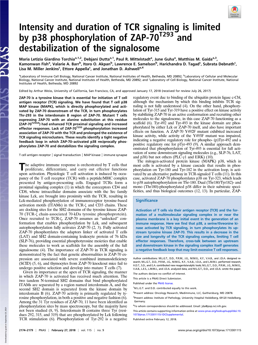 Intensity and Duration of TCR Signaling Is Limited by P38 Phosphorylation of ZAP-70T293 and Destabilization of the Signalosome