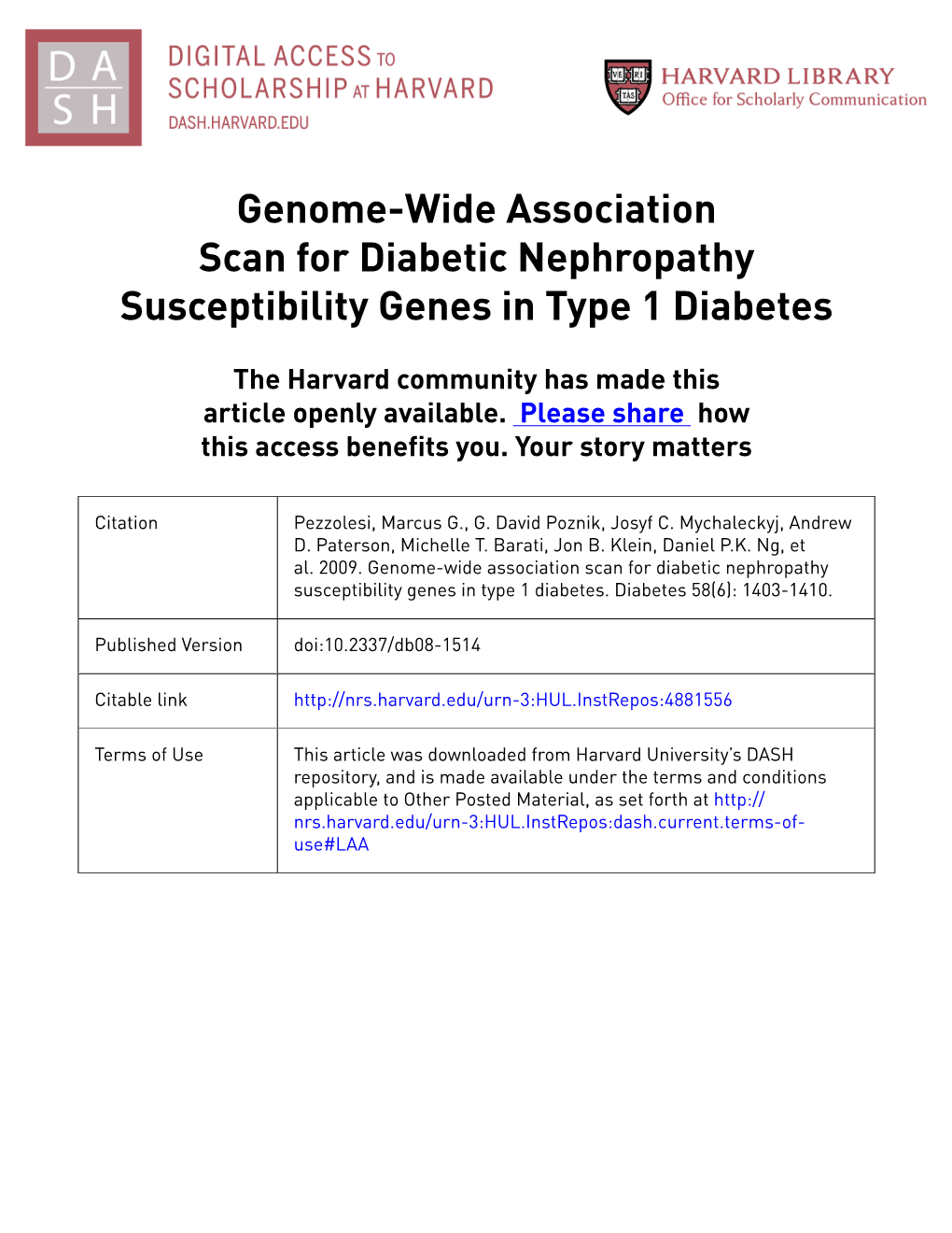 Genome-Wide Association Scan for Diabetic Nephropathy Susceptibility Genes in Type 1 Diabetes