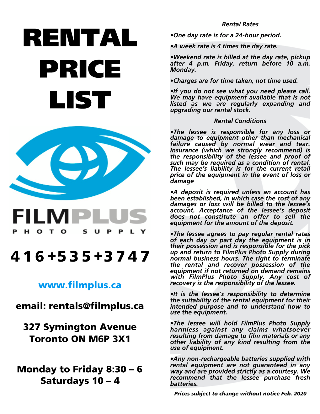 Rental Price List