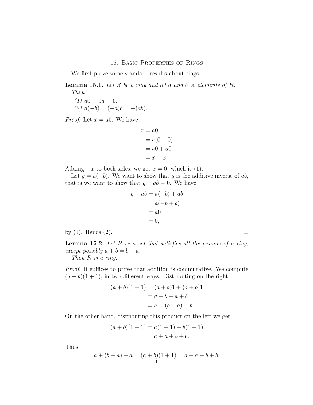 15. Basic Properties of Rings We First Prove Some Standard Results About