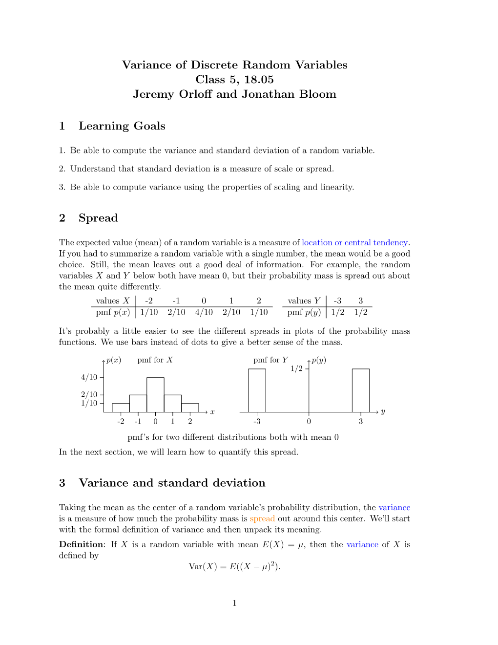 Reading 5A: Variance of Discrete Random Variables