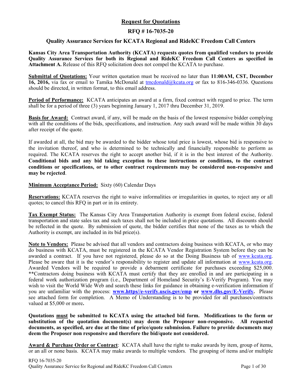 Request for Quotations RFQ # 16-7035-20 Quality Assurance Services for KCATA Regional and Ridekc Freedom Call Centers