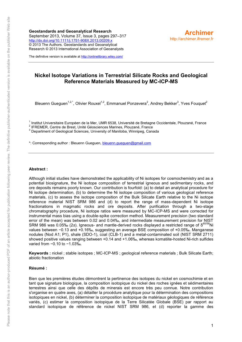 Nickel Isotope Variations in Terrestrial Silicate Rocks and Geological