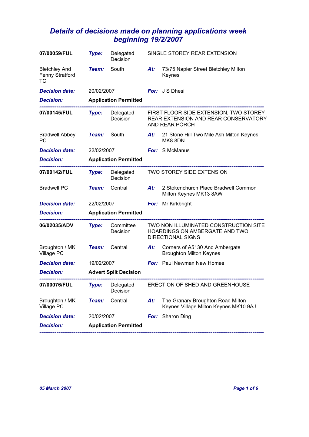 Details of Decisions Made on Planning Applications Week Beginning 19/2/2007