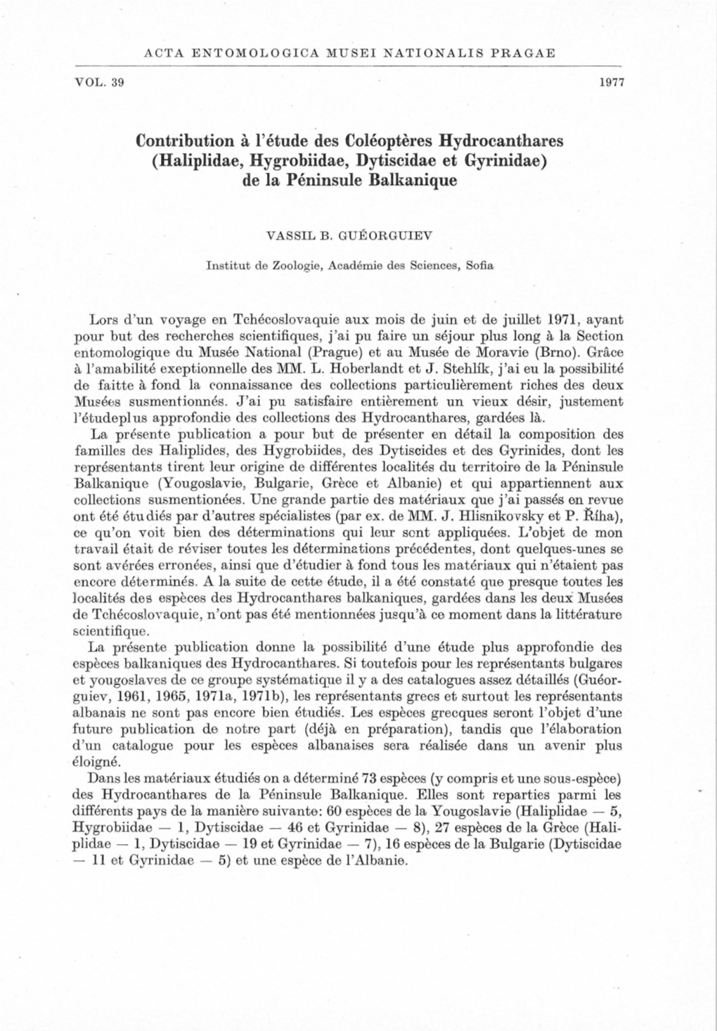 Haliplidae, Hygrobiidae, Dytiscidae Et Gyrinidae) De La Peninsule Balkanique