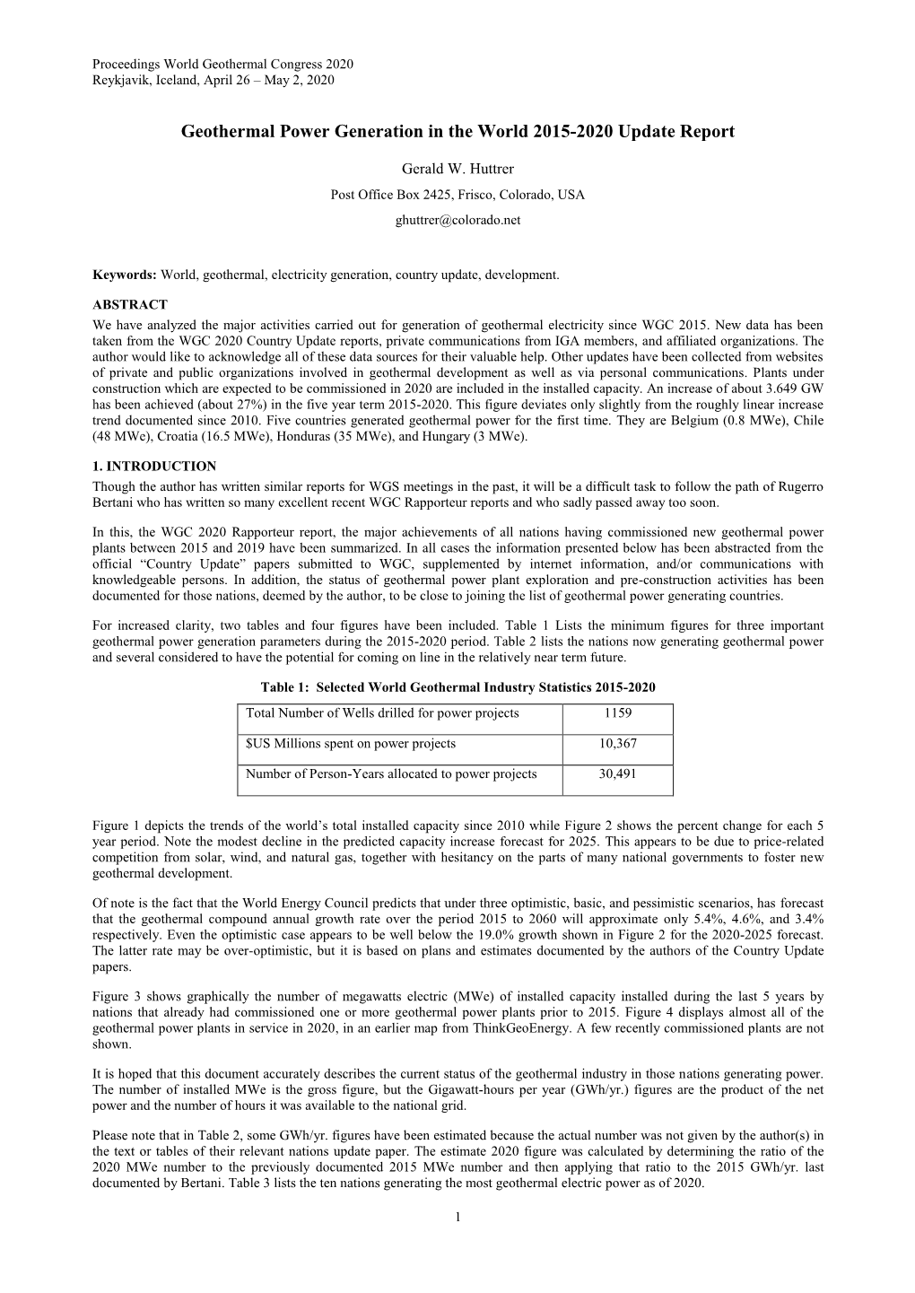 Geothermal Power Generation in the World 2015-2020 Update Report