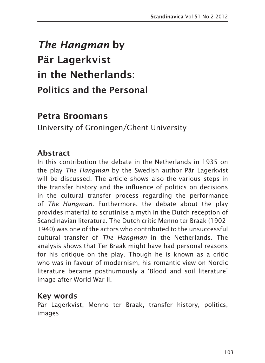 The Hangman by Pär Lagerkvist in the Netherlands: Politics and the Personal