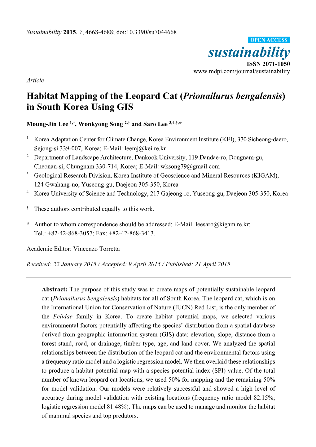 Habitat Mapping of the Leopard Cat (Prionailurus Bengalensis) in South Korea Using GIS