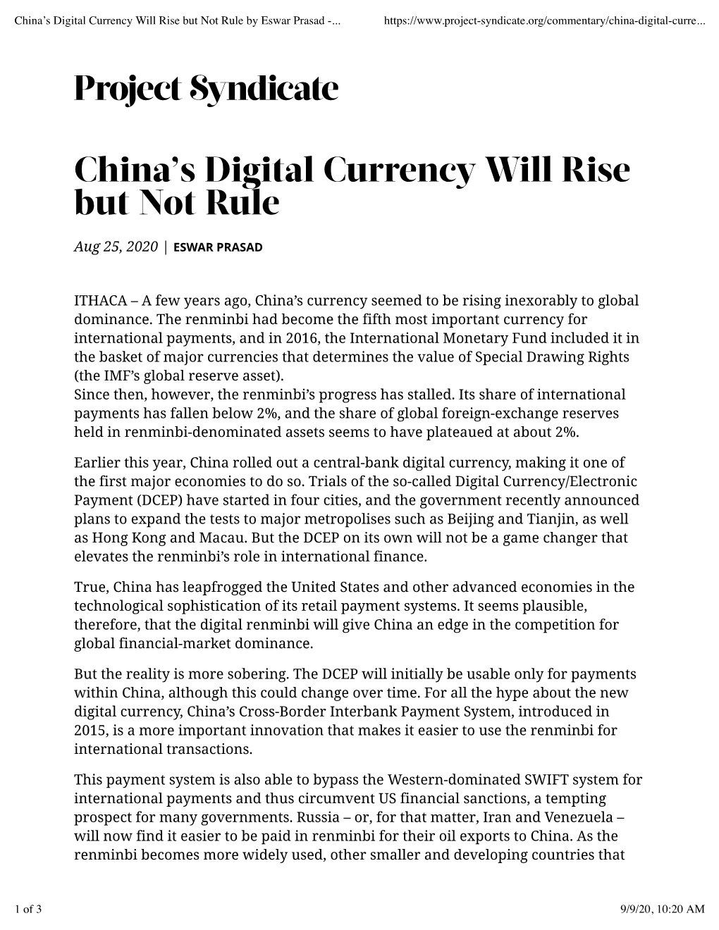 China's Digital Currency Will Rise but Not Rule by Eswar Prasad