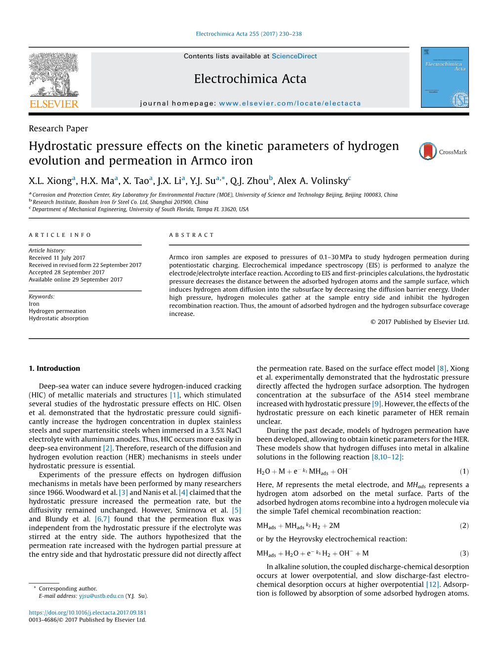 Hydrostatic Pressure Effects on the Kinetic Parameters of Hydrogen