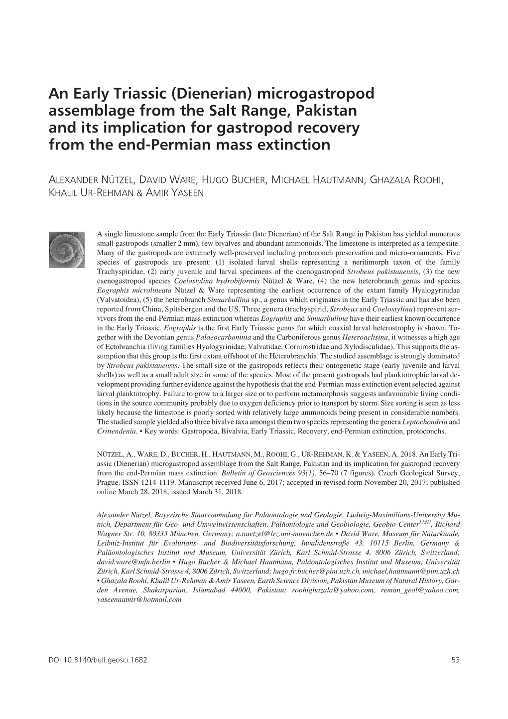 (Dienerian) Microgastropod Assemblage from the Salt Range, Pakistan and Its Implication for Gastropod Recovery from the End-Permian Mass Extinction