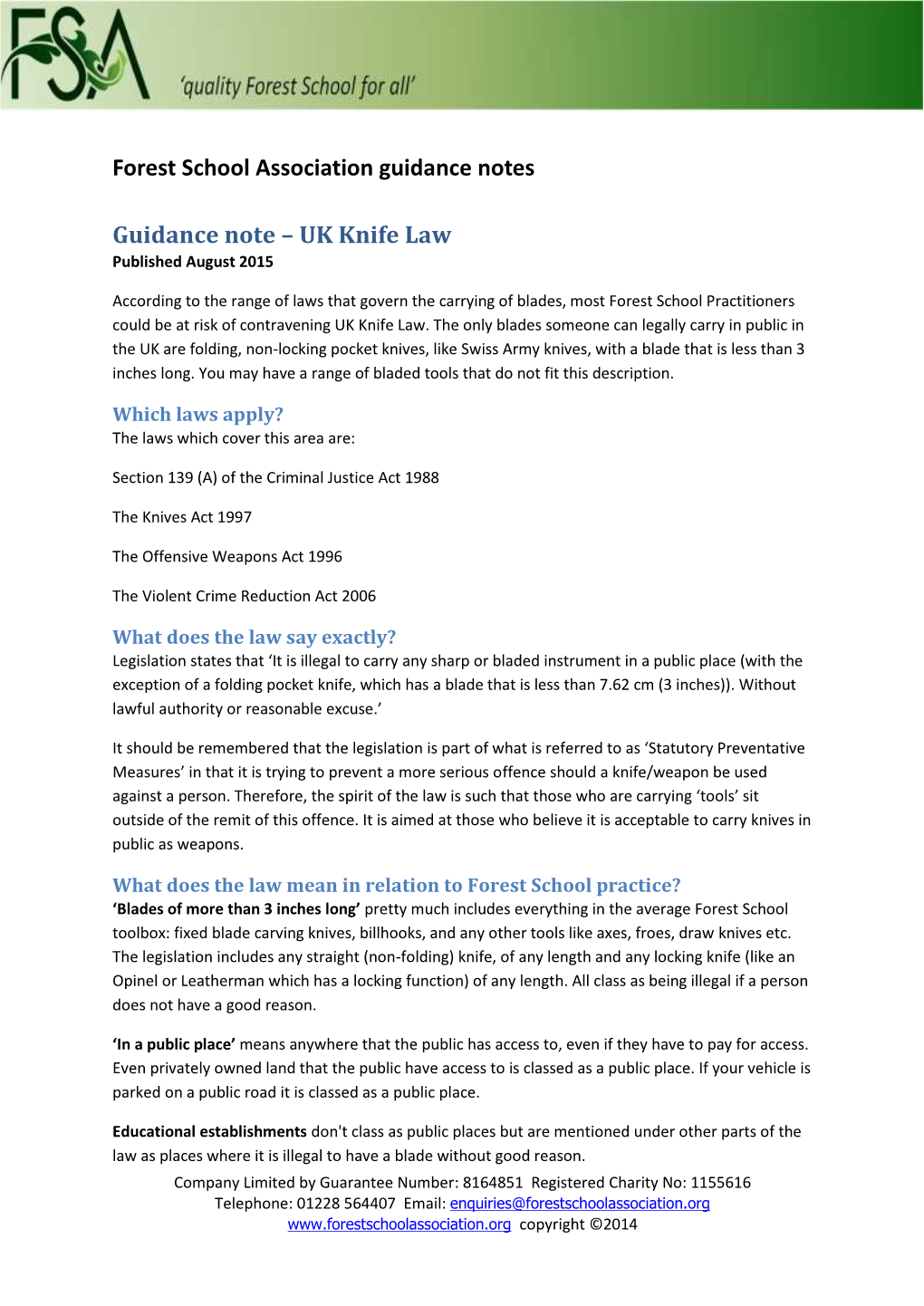 Forest School Association Guidance Notes Guidance Note – UK Knife