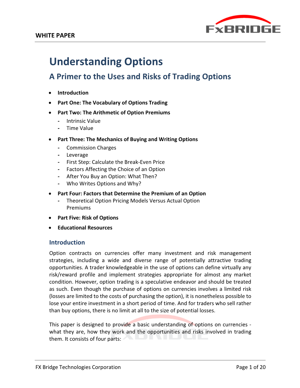 Understanding Options a Primer to the Uses and Risks of Trading Options