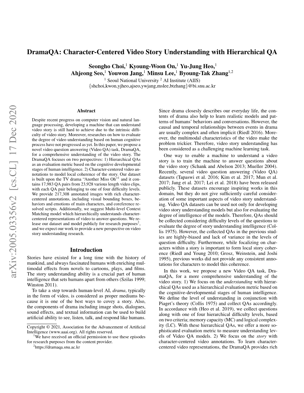 Arxiv:2005.03356V2 [Cs.CL] 17 Dec 2020 Maqa, for a More Comprehensive Understanding of the Intelligence That Sets Humans Apart from Others (Szilas 1999; Video Story