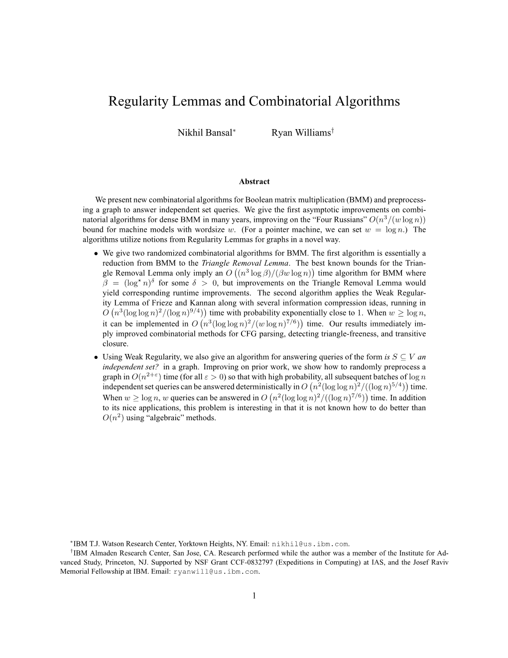 Regularity Lemmas and Combinatorial Algorithms