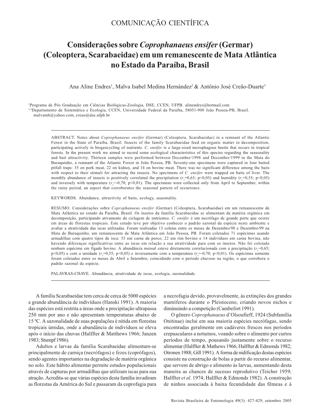 Considerações Sobre Coprophanaeus Ensifercomunicação (Germar) CIENTÍFICA 427