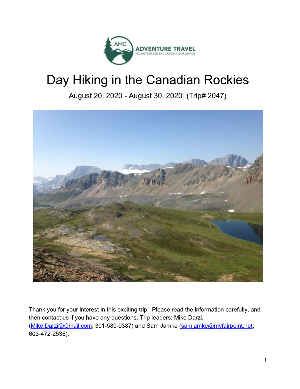 Day Hiking in the Canadian Rockies August 20, 2020 - August 30, 2020 (Trip# 2047)