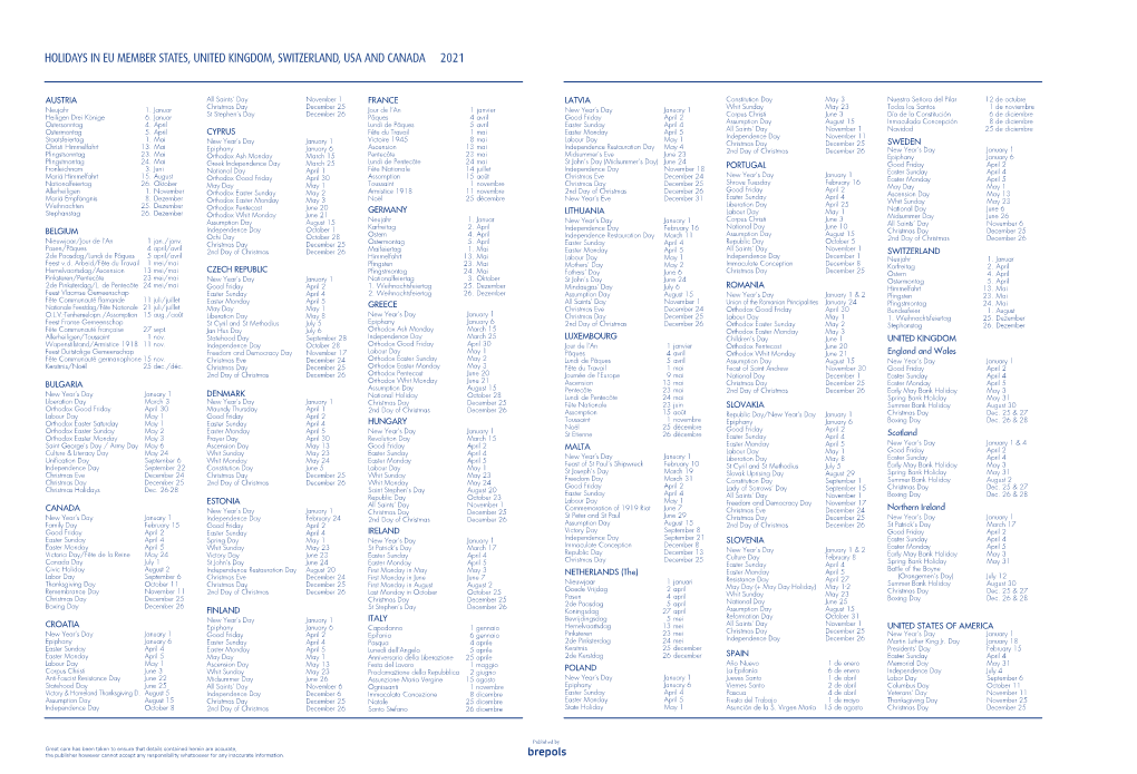 Holidays in Eu Member States, United Kingdom, Switzerland, Usa and Canada 2021