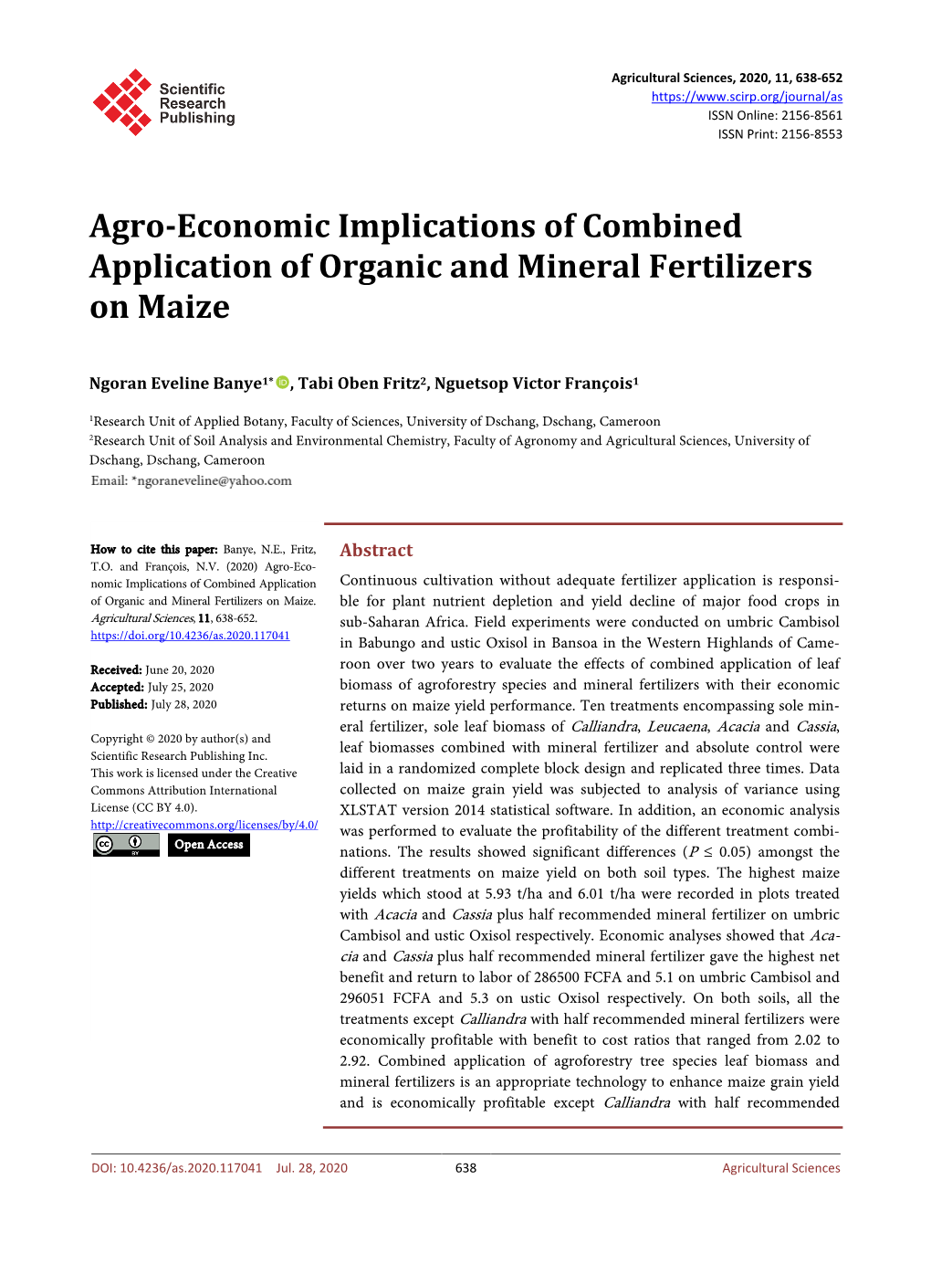 Agro-Economic Implications of Combined Application of Organic and Mineral Fertilizers on Maize