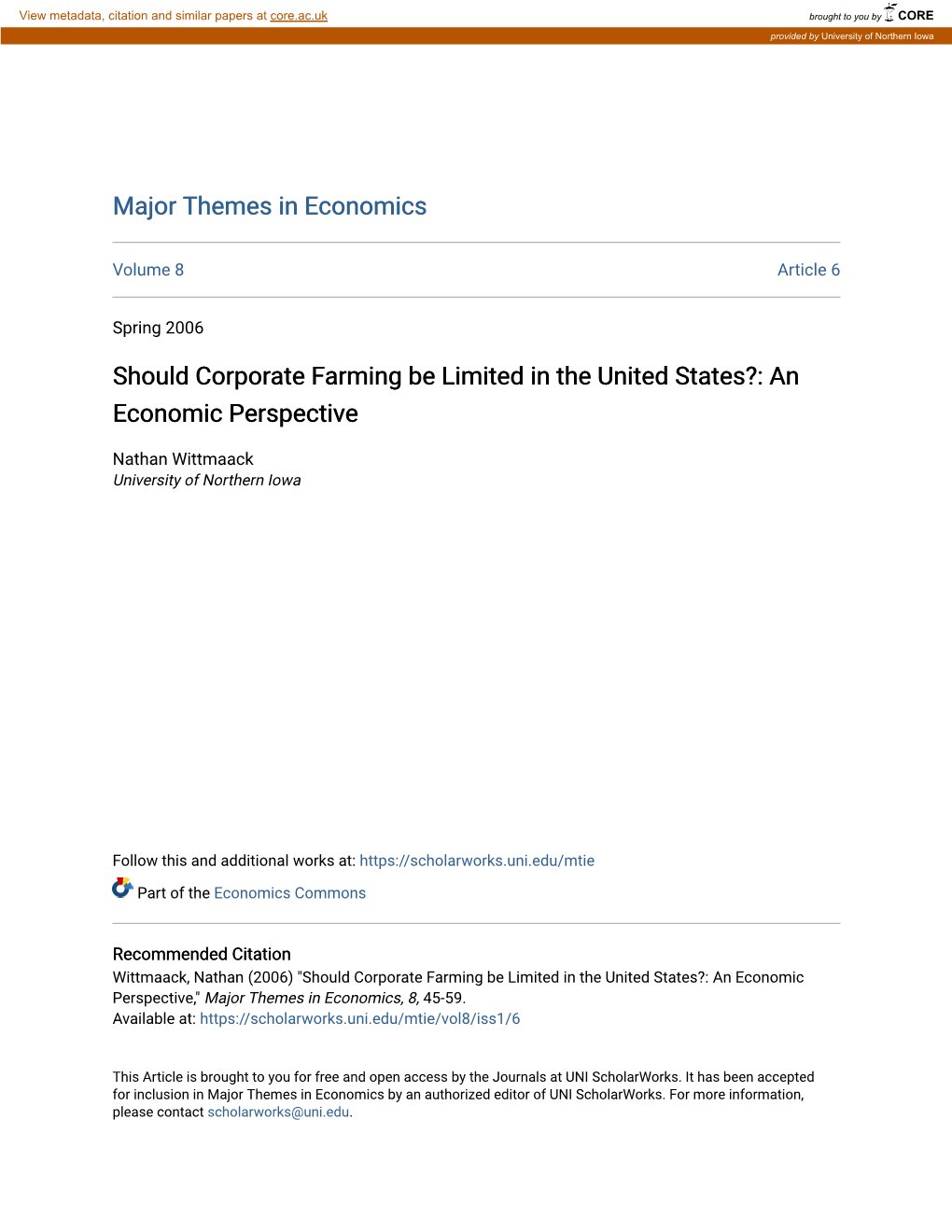 Should Corporate Farming Be Limited in the United States?: an Economic Perspective