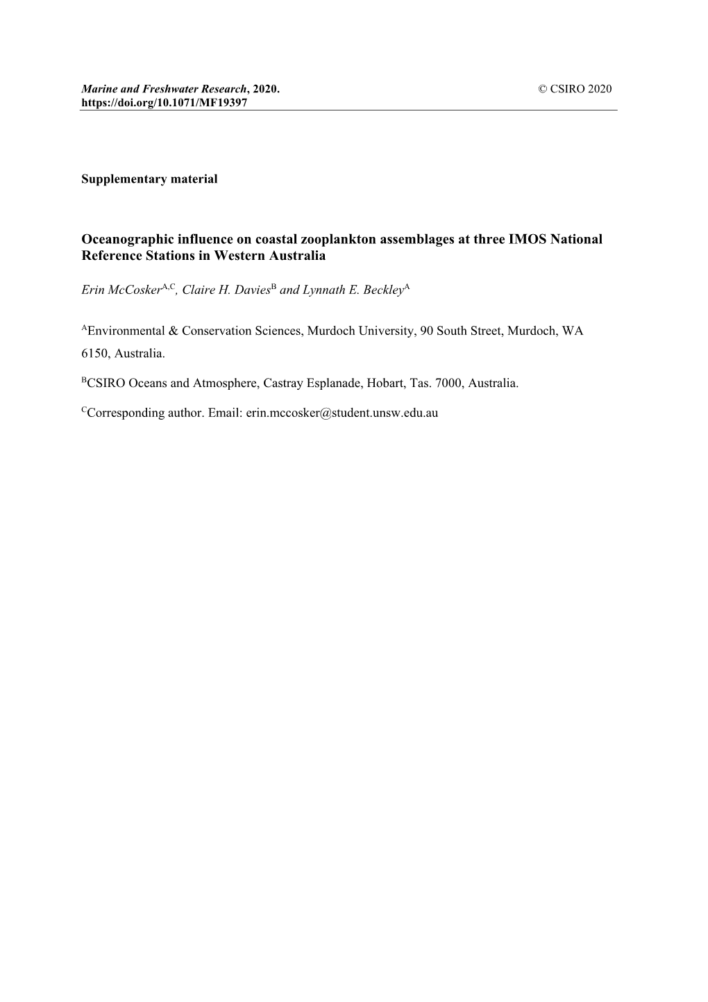 Oceanographic Influence on Coastal Zooplankton Assemblages at Three IMOS National Reference Stations in Western Australia