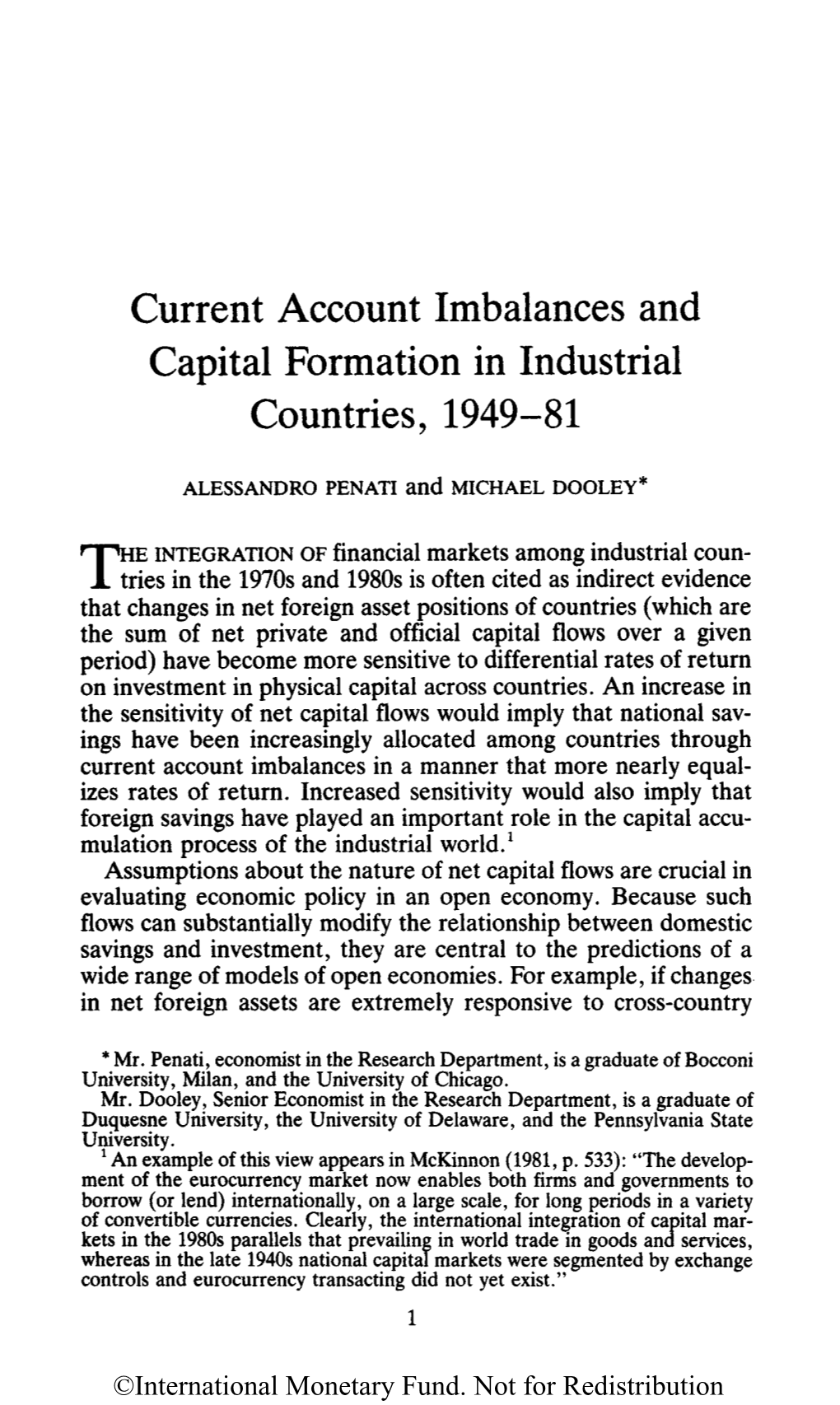 Current Account Imbalances and Capital Formation in Industrial Countries, 1949-81